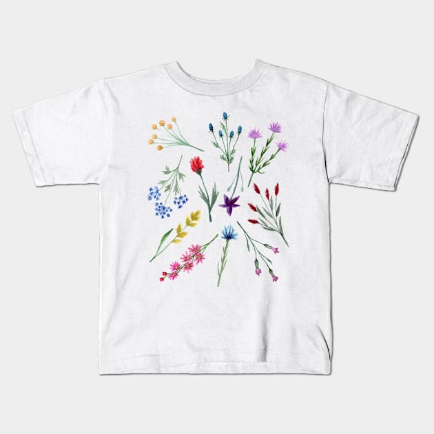 Watercolor Wildflowers Pattern Kids T-Shirt by Whimsical Frank